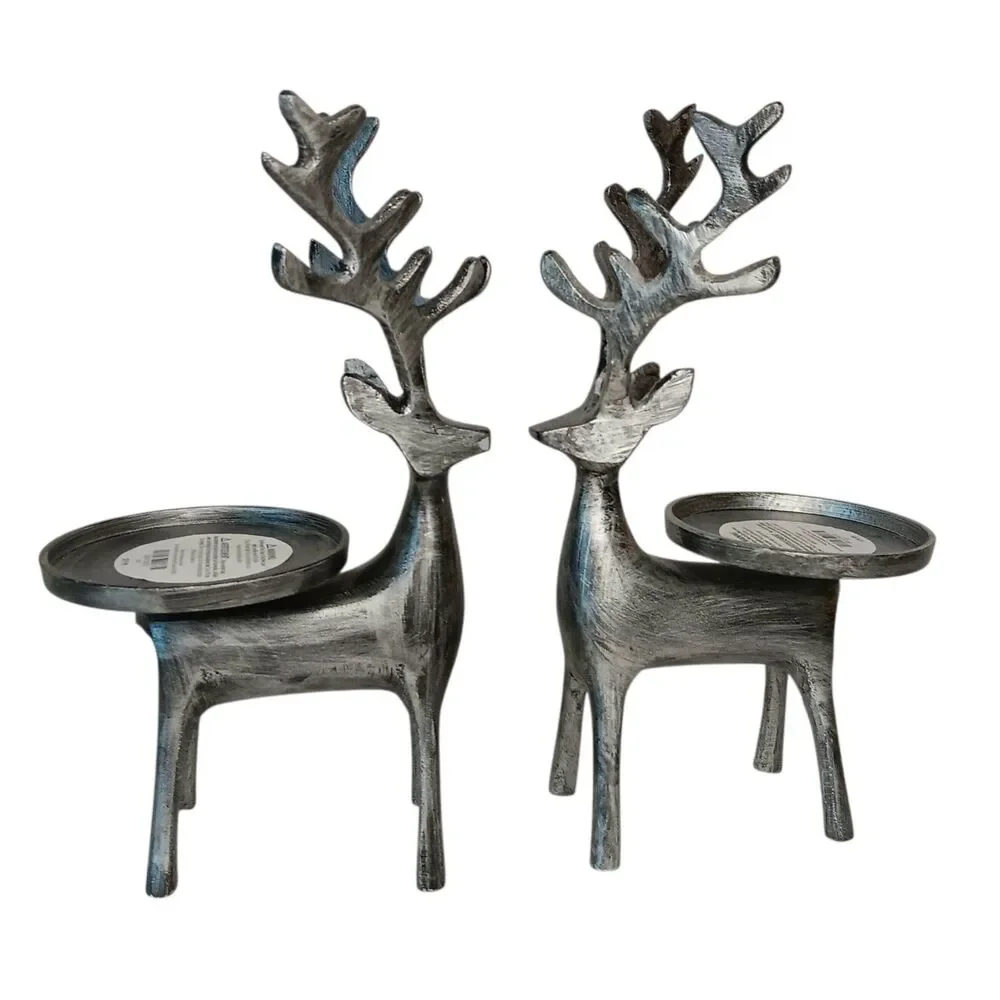 2 Silver Metal Deer Pillar Candle Holders By Pier 1 Reindeer Christmas Holiday